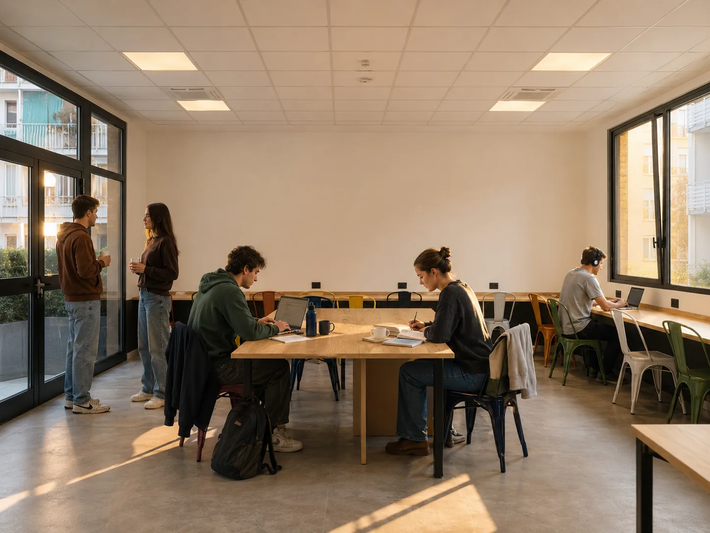 Aula studio della residenza: due studenti al tavolo, altri alle postazioni e alle vetrate